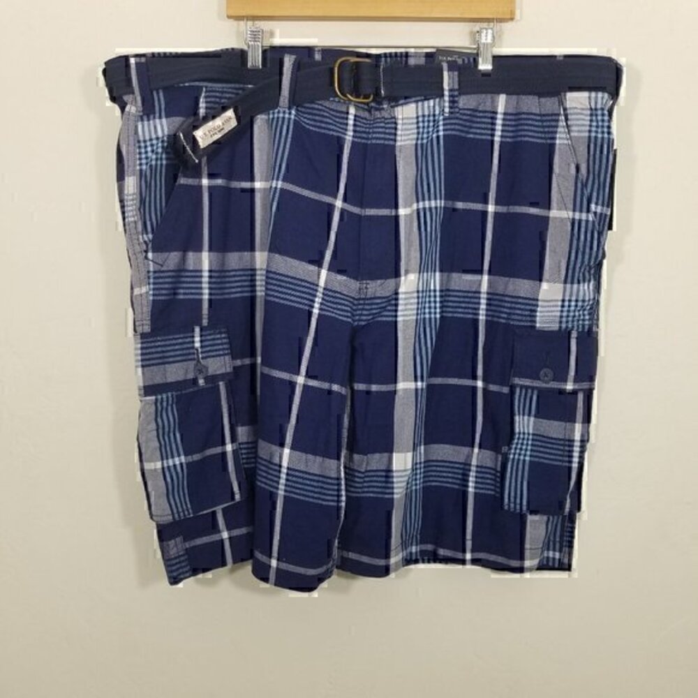 NWT U.S. Polo Assn. Cargo Shorts Plaid Blue Size 50